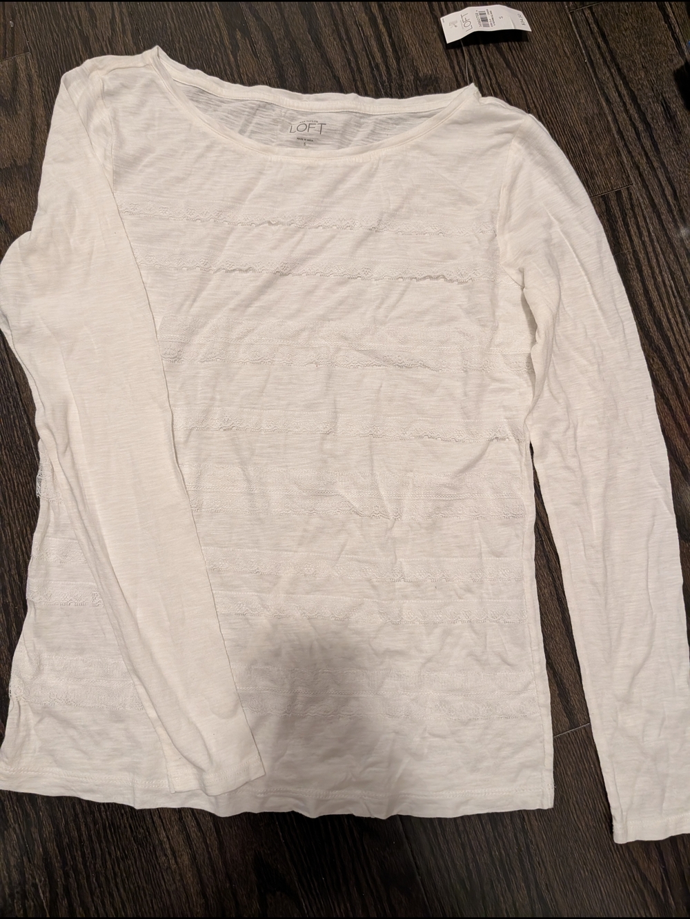 5/$35 NWT LOFT White Lace Stripe Top S Long Sleeve Lightweight